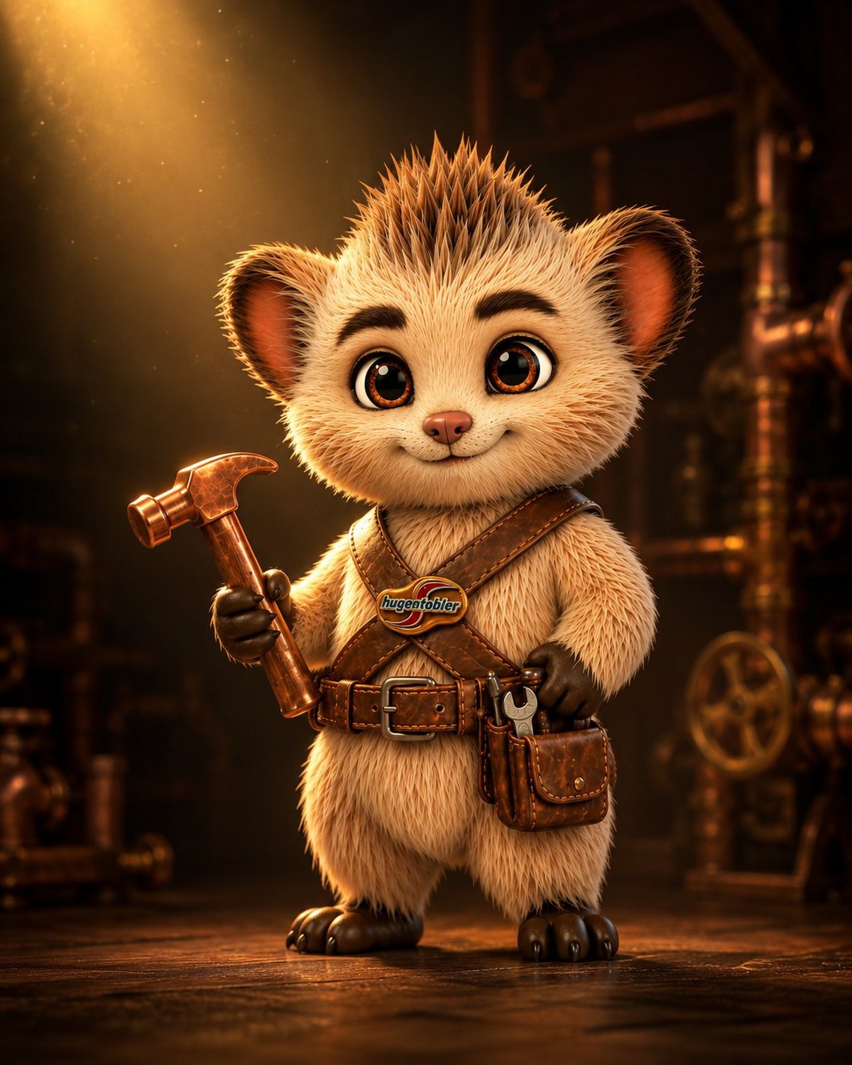 Der Wärmling — kleines cremefarbenes Wesen mit Lederharness, Kupferhammer und Werkzeuggürtel. Maskottchen der René Hugentobler AG.