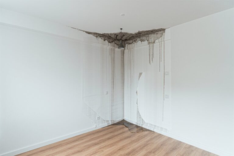 Wasserschaden Mietwohnung – Feuchtigkeitsschaden an Zimmerdecke und Wand oberhalb des Laminatbodens
